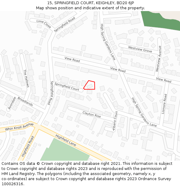 15, SPRINGFIELD COURT, KEIGHLEY, BD20 6JP: Location map and indicative extent of plot