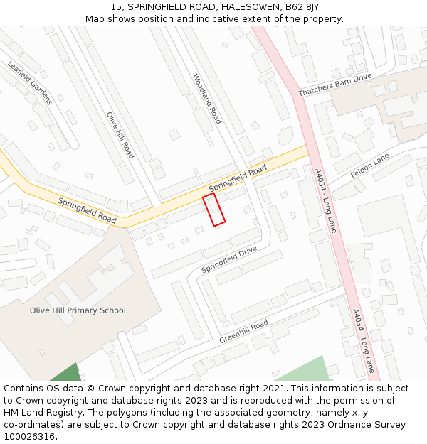 15, SPRINGFIELD ROAD, HALESOWEN, B62 8JY: Location map and indicative extent of plot
