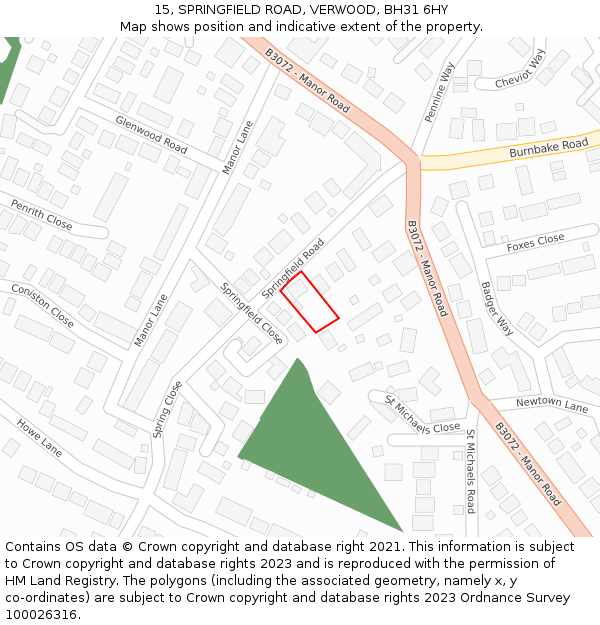 15, SPRINGFIELD ROAD, VERWOOD, BH31 6HY: Location map and indicative extent of plot