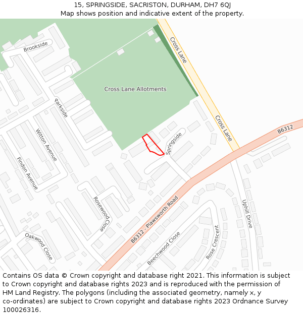 15, SPRINGSIDE, SACRISTON, DURHAM, DH7 6QJ: Location map and indicative extent of plot