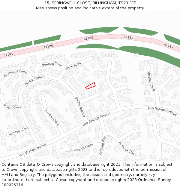 15, SPRINGWELL CLOSE, BILLINGHAM, TS23 3FB: Location map and indicative extent of plot