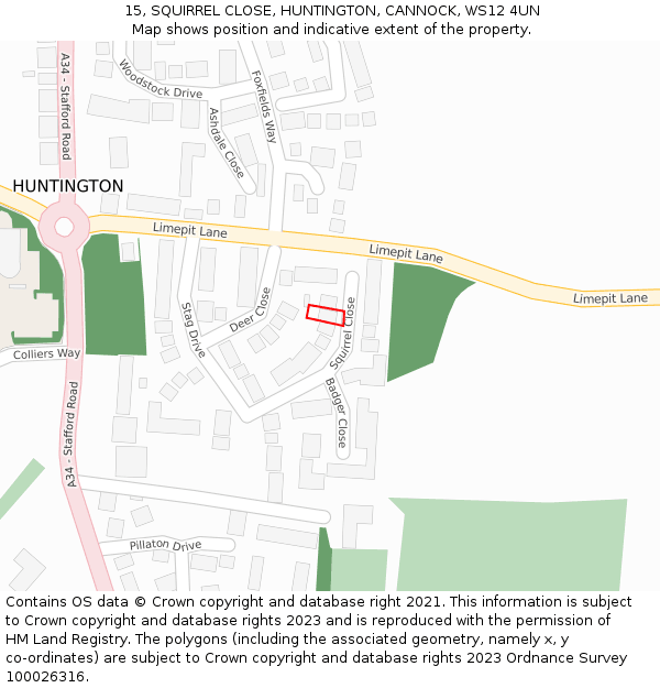 15, SQUIRREL CLOSE, HUNTINGTON, CANNOCK, WS12 4UN: Location map and indicative extent of plot