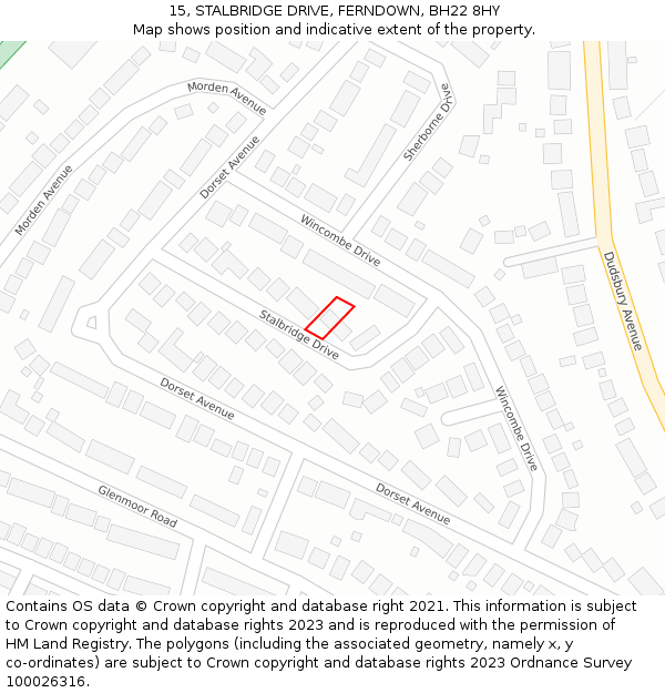 15, STALBRIDGE DRIVE, FERNDOWN, BH22 8HY: Location map and indicative extent of plot