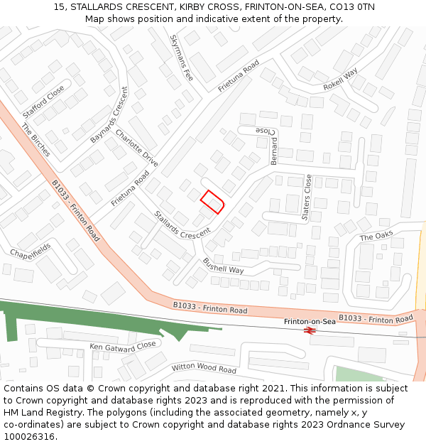 15, STALLARDS CRESCENT, KIRBY CROSS, FRINTON-ON-SEA, CO13 0TN: Location map and indicative extent of plot