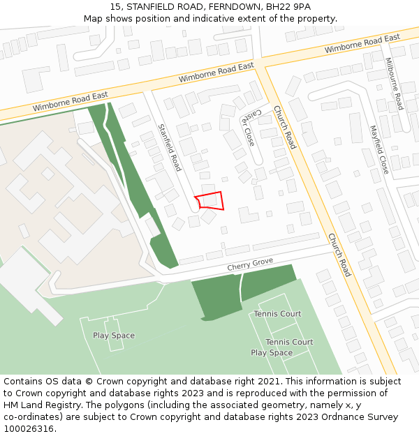 15, STANFIELD ROAD, FERNDOWN, BH22 9PA: Location map and indicative extent of plot