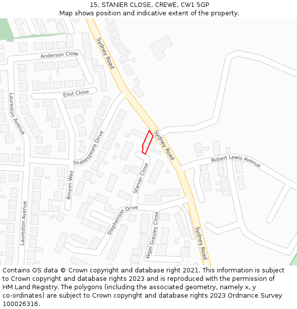 15, STANIER CLOSE, CREWE, CW1 5GP: Location map and indicative extent of plot