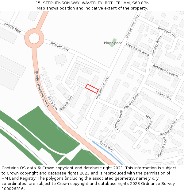 15, STEPHENSON WAY, WAVERLEY, ROTHERHAM, S60 8BN: Location map and indicative extent of plot