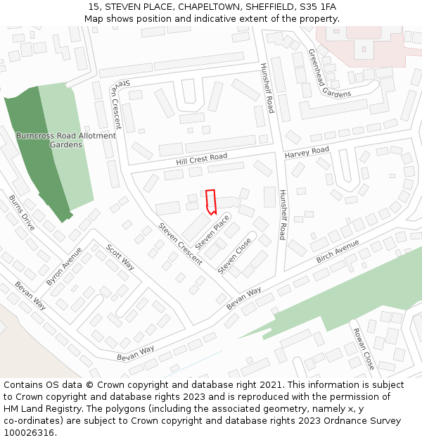 15, STEVEN PLACE, CHAPELTOWN, SHEFFIELD, S35 1FA: Location map and indicative extent of plot