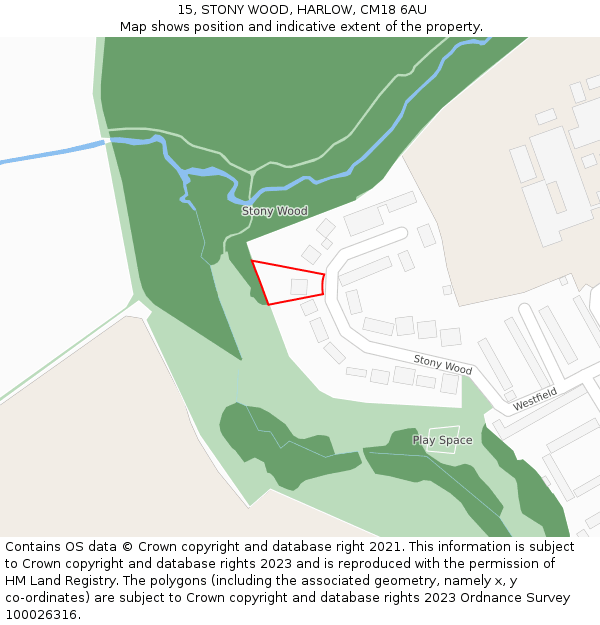 15, STONY WOOD, HARLOW, CM18 6AU: Location map and indicative extent of plot