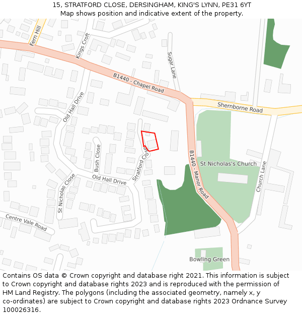 15, STRATFORD CLOSE, DERSINGHAM, KING'S LYNN, PE31 6YT: Location map and indicative extent of plot