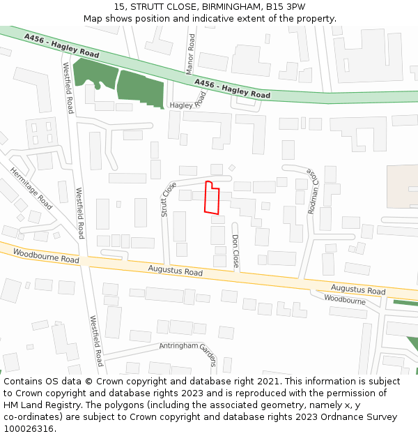 15, STRUTT CLOSE, BIRMINGHAM, B15 3PW: Location map and indicative extent of plot