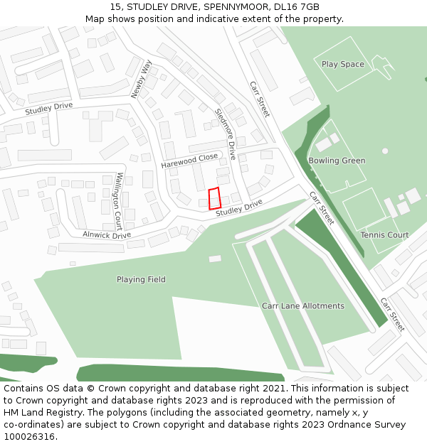 15, STUDLEY DRIVE, SPENNYMOOR, DL16 7GB: Location map and indicative extent of plot