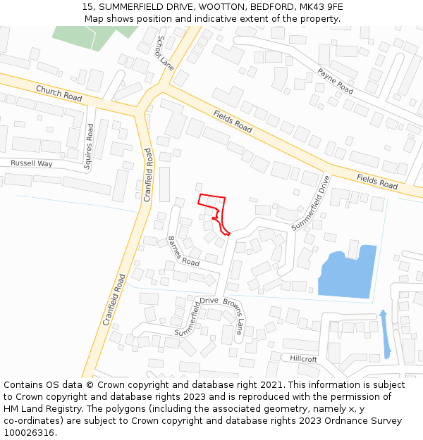 15, SUMMERFIELD DRIVE, WOOTTON, BEDFORD, MK43 9FE: Location map and indicative extent of plot