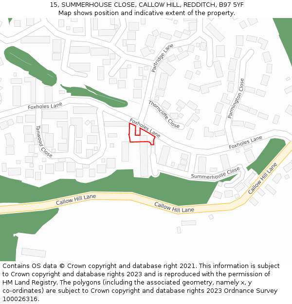 15, SUMMERHOUSE CLOSE, CALLOW HILL, REDDITCH, B97 5YF: Location map and indicative extent of plot