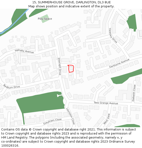 15, SUMMERHOUSE GROVE, DARLINGTON, DL3 8UE: Location map and indicative extent of plot