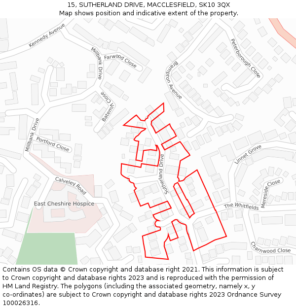 15, SUTHERLAND DRIVE, MACCLESFIELD, SK10 3QX: Location map and indicative extent of plot