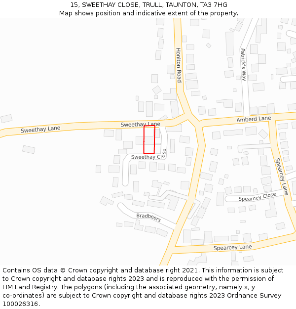 15, SWEETHAY CLOSE, TRULL, TAUNTON, TA3 7HG: Location map and indicative extent of plot
