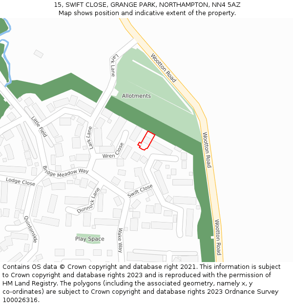15, SWIFT CLOSE, GRANGE PARK, NORTHAMPTON, NN4 5AZ: Location map and indicative extent of plot