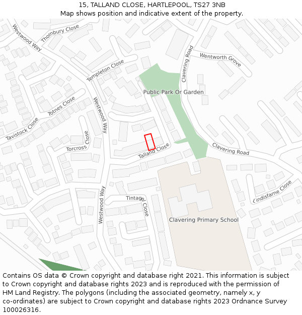 15, TALLAND CLOSE, HARTLEPOOL, TS27 3NB: Location map and indicative extent of plot