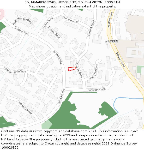 15, TAMARISK ROAD, HEDGE END, SOUTHAMPTON, SO30 4TN: Location map and indicative extent of plot