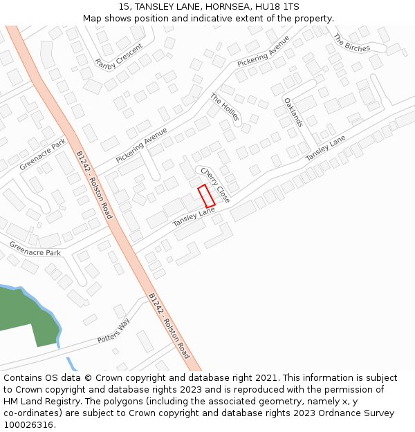 15, TANSLEY LANE, HORNSEA, HU18 1TS: Location map and indicative extent of plot