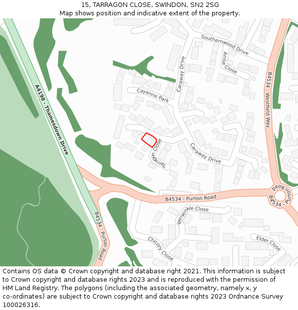 15, TARRAGON CLOSE, SWINDON, SN2 2SG: Location map and indicative extent of plot