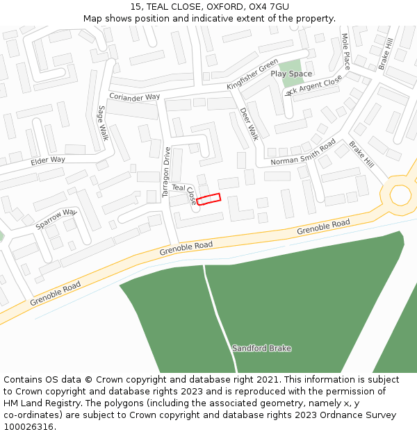 15, TEAL CLOSE, OXFORD, OX4 7GU: Location map and indicative extent of plot