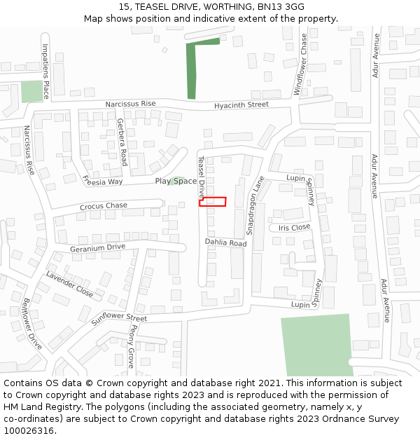 15, TEASEL DRIVE, WORTHING, BN13 3GG: Location map and indicative extent of plot