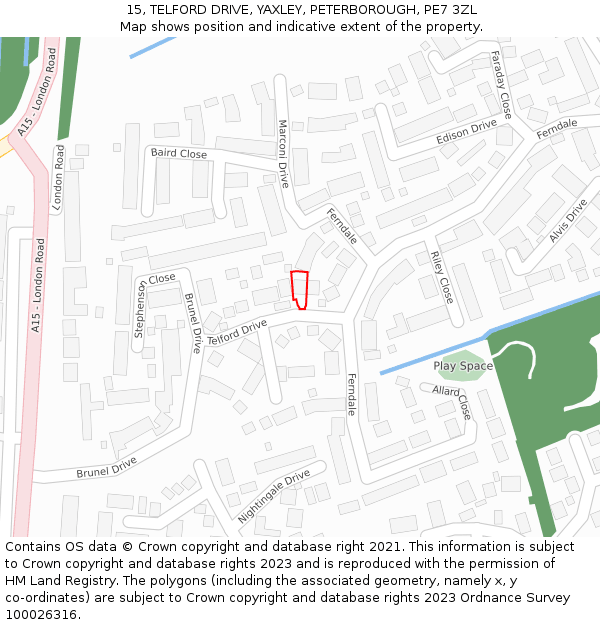15, TELFORD DRIVE, YAXLEY, PETERBOROUGH, PE7 3ZL: Location map and indicative extent of plot