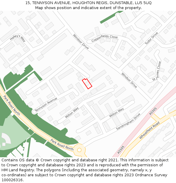 15, TENNYSON AVENUE, HOUGHTON REGIS, DUNSTABLE, LU5 5UQ: Location map and indicative extent of plot