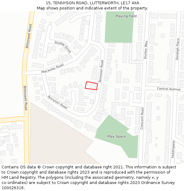 15, TENNYSON ROAD, LUTTERWORTH, LE17 4XA: Location map and indicative extent of plot