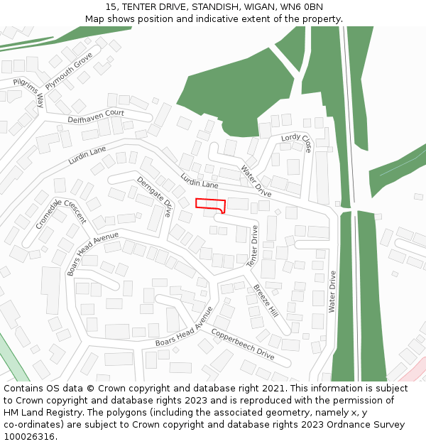 15, TENTER DRIVE, STANDISH, WIGAN, WN6 0BN: Location map and indicative extent of plot