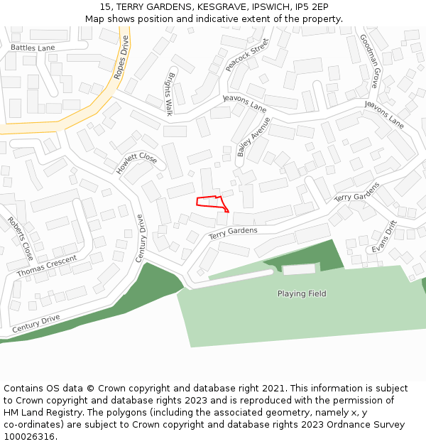 15, TERRY GARDENS, KESGRAVE, IPSWICH, IP5 2EP: Location map and indicative extent of plot