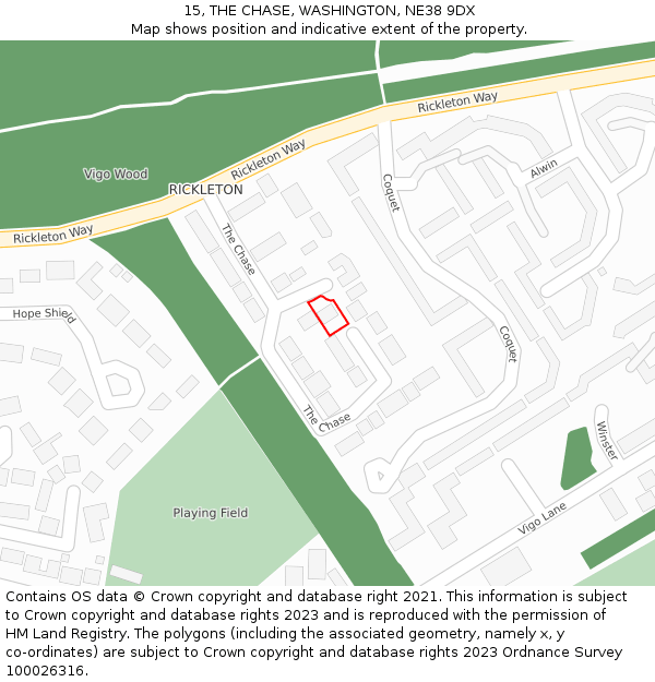 15, THE CHASE, WASHINGTON, NE38 9DX: Location map and indicative extent of plot
