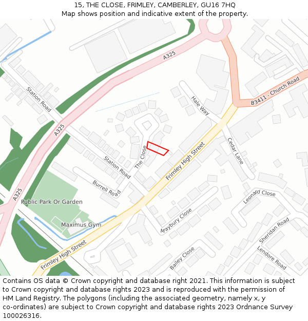 15, THE CLOSE, FRIMLEY, CAMBERLEY, GU16 7HQ: Location map and indicative extent of plot