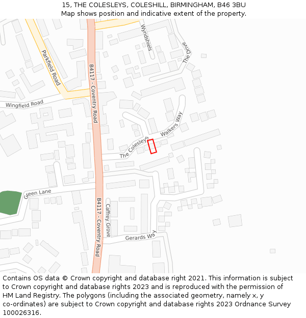 15, THE COLESLEYS, COLESHILL, BIRMINGHAM, B46 3BU: Location map and indicative extent of plot