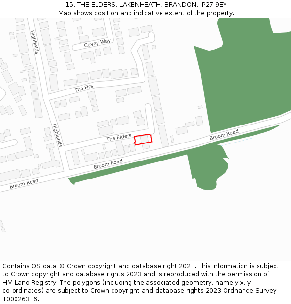 15, THE ELDERS, LAKENHEATH, BRANDON, IP27 9EY: Location map and indicative extent of plot