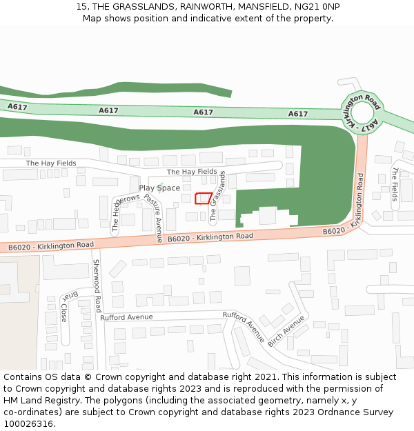 15, THE GRASSLANDS, RAINWORTH, MANSFIELD, NG21 0NP: Location map and indicative extent of plot