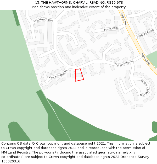 15, THE HAWTHORNS, CHARVIL, READING, RG10 9TS: Location map and indicative extent of plot