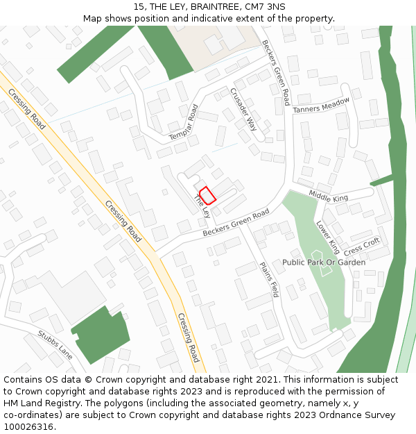 15, THE LEY, BRAINTREE, CM7 3NS: Location map and indicative extent of plot