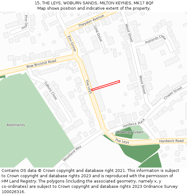 15, THE LEYS, WOBURN SANDS, MILTON KEYNES, MK17 8QF: Location map and indicative extent of plot