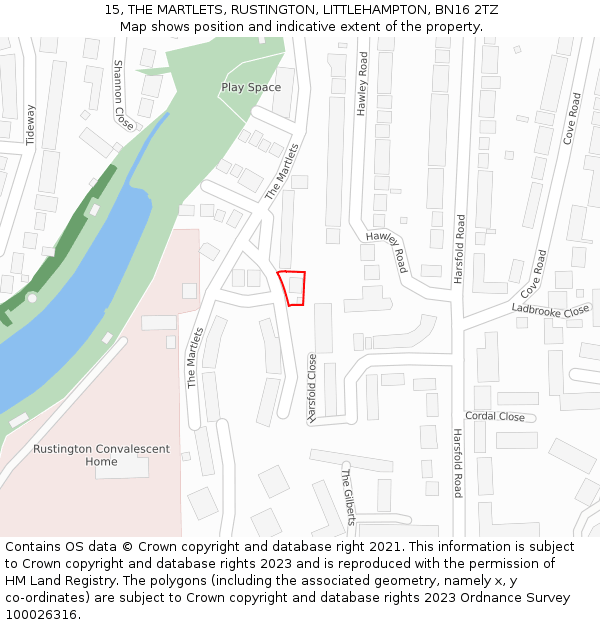 15, THE MARTLETS, RUSTINGTON, LITTLEHAMPTON, BN16 2TZ: Location map and indicative extent of plot