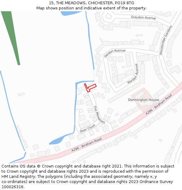 15, THE MEADOWS, CHICHESTER, PO19 8TG: Location map and indicative extent of plot