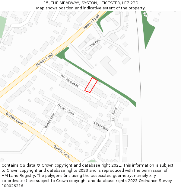 15, THE MEADWAY, SYSTON, LEICESTER, LE7 2BD: Location map and indicative extent of plot