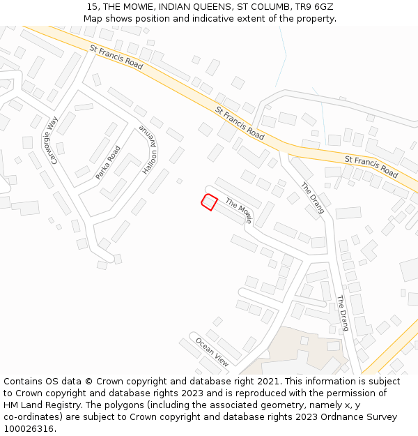 15, THE MOWIE, INDIAN QUEENS, ST COLUMB, TR9 6GZ: Location map and indicative extent of plot