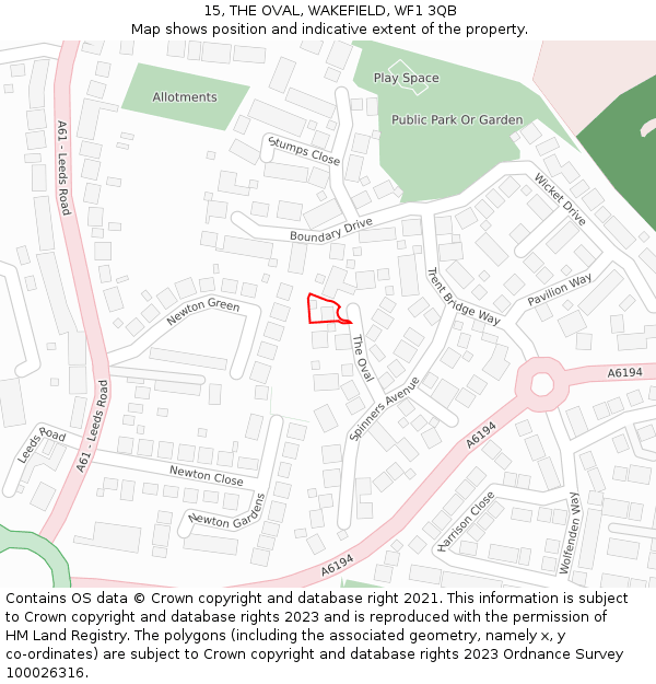 15, THE OVAL, WAKEFIELD, WF1 3QB: Location map and indicative extent of plot