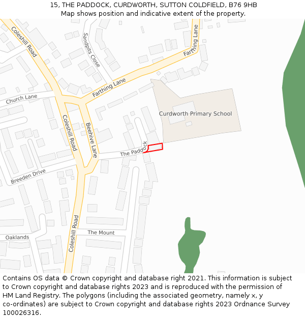 15, THE PADDOCK, CURDWORTH, SUTTON COLDFIELD, B76 9HB: Location map and indicative extent of plot