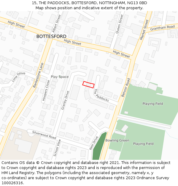 15, THE PADDOCKS, BOTTESFORD, NOTTINGHAM, NG13 0BD: Location map and indicative extent of plot