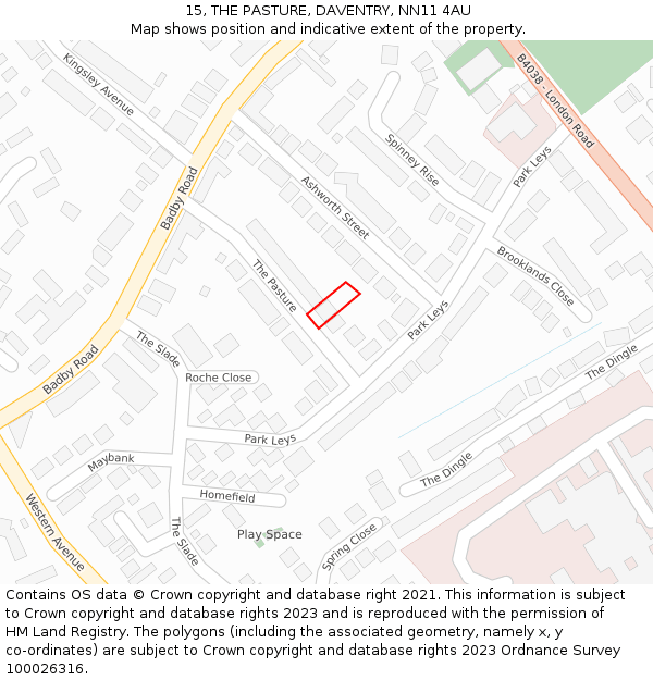 15, THE PASTURE, DAVENTRY, NN11 4AU: Location map and indicative extent of plot
