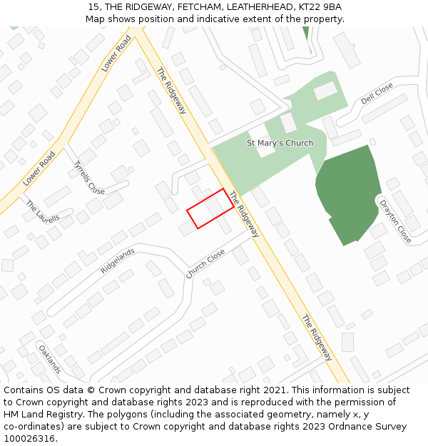 15, THE RIDGEWAY, FETCHAM, LEATHERHEAD, KT22 9BA: Location map and indicative extent of plot